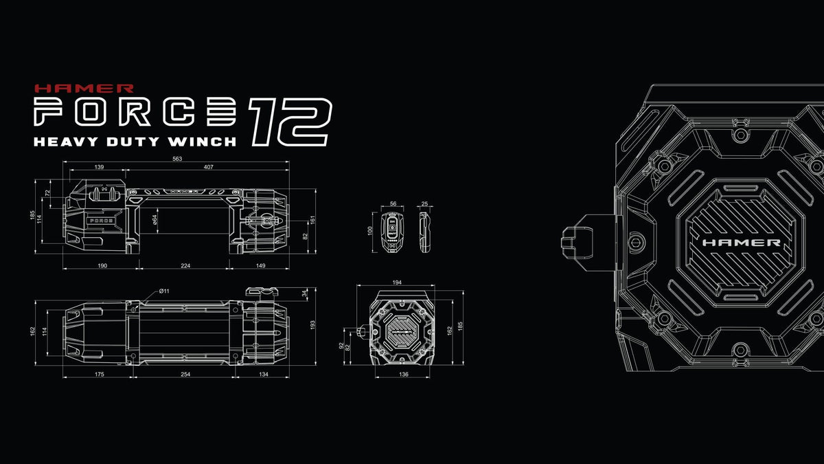 Technical drawing of the Hamer Force 12 winch rugged housing