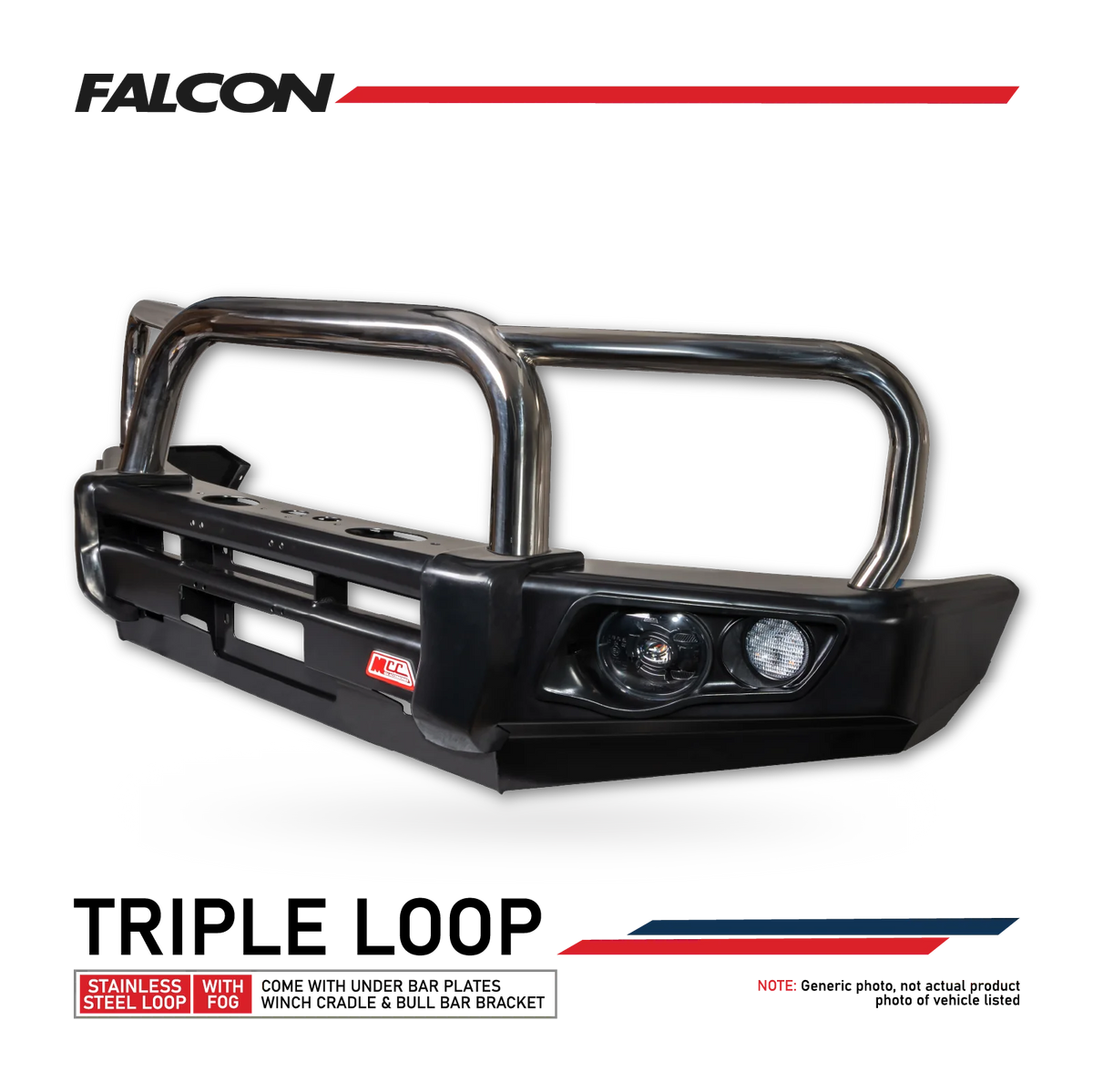 Toyota Hilux 1997-2004 707-01 Falcon Bull Bar Triple Stainless Loops Package (Foglight)