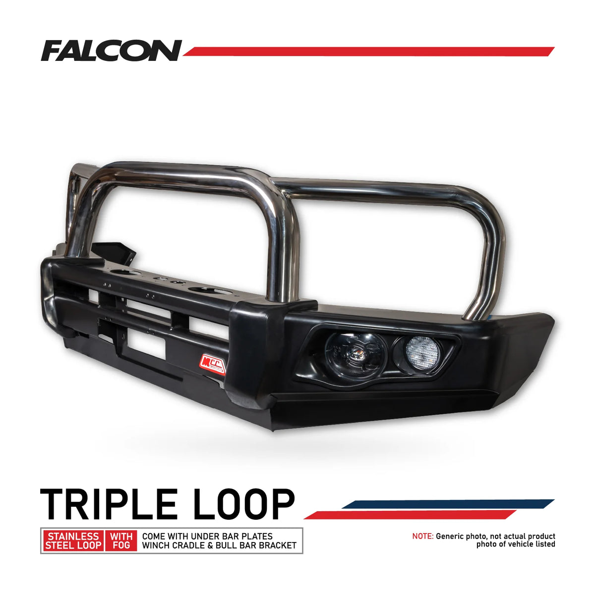 Ranger Super Duty MY26 - 707-01 Falcon Bull Bar Triple Stainless Loops Package (LED Foglight) - SKU MCC-05013-701FOGUP