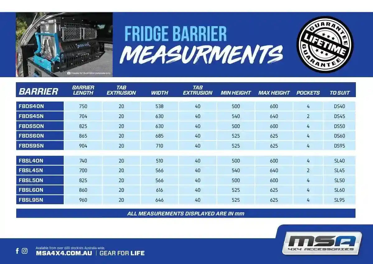 MSA 4x4 FBSL50N Straight Slide Fridge Barrier FBSL50N
