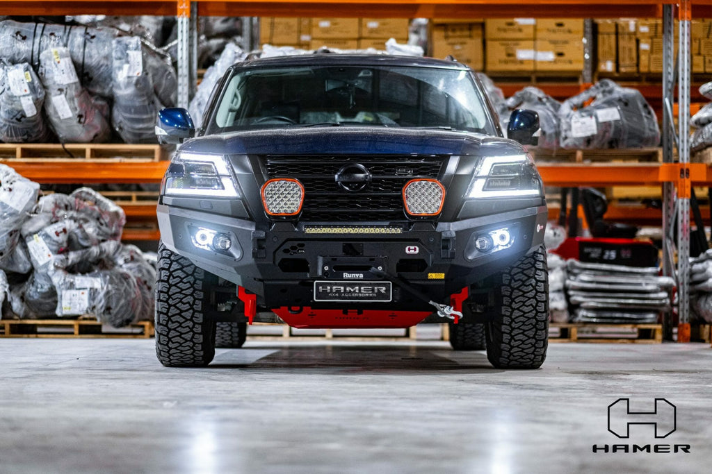 Head-on view of the Nissan Patrol Y62 Series 5 with a King Series Bull Bar